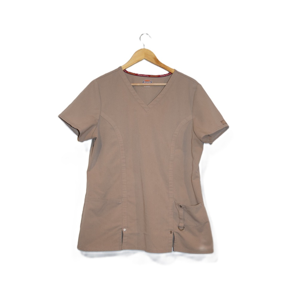 Dickies Scrub Top Women‎ Large Khaki Tan Xtreme Stretch V-Neck Pocket Medicine